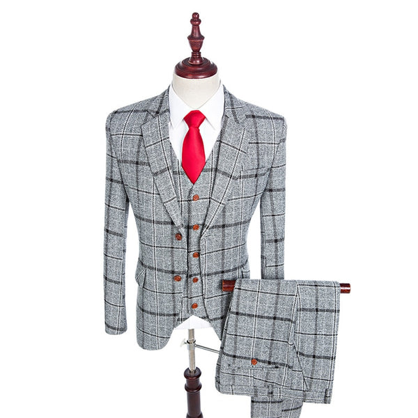 Custom Made Single Breasted Grey Plaid Tuxedo Package (Jacket, Pant, Vest)