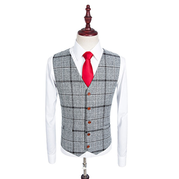 Custom Made Single Breasted Grey Plaid Tuxedo Package (Jacket, Pant, Vest)